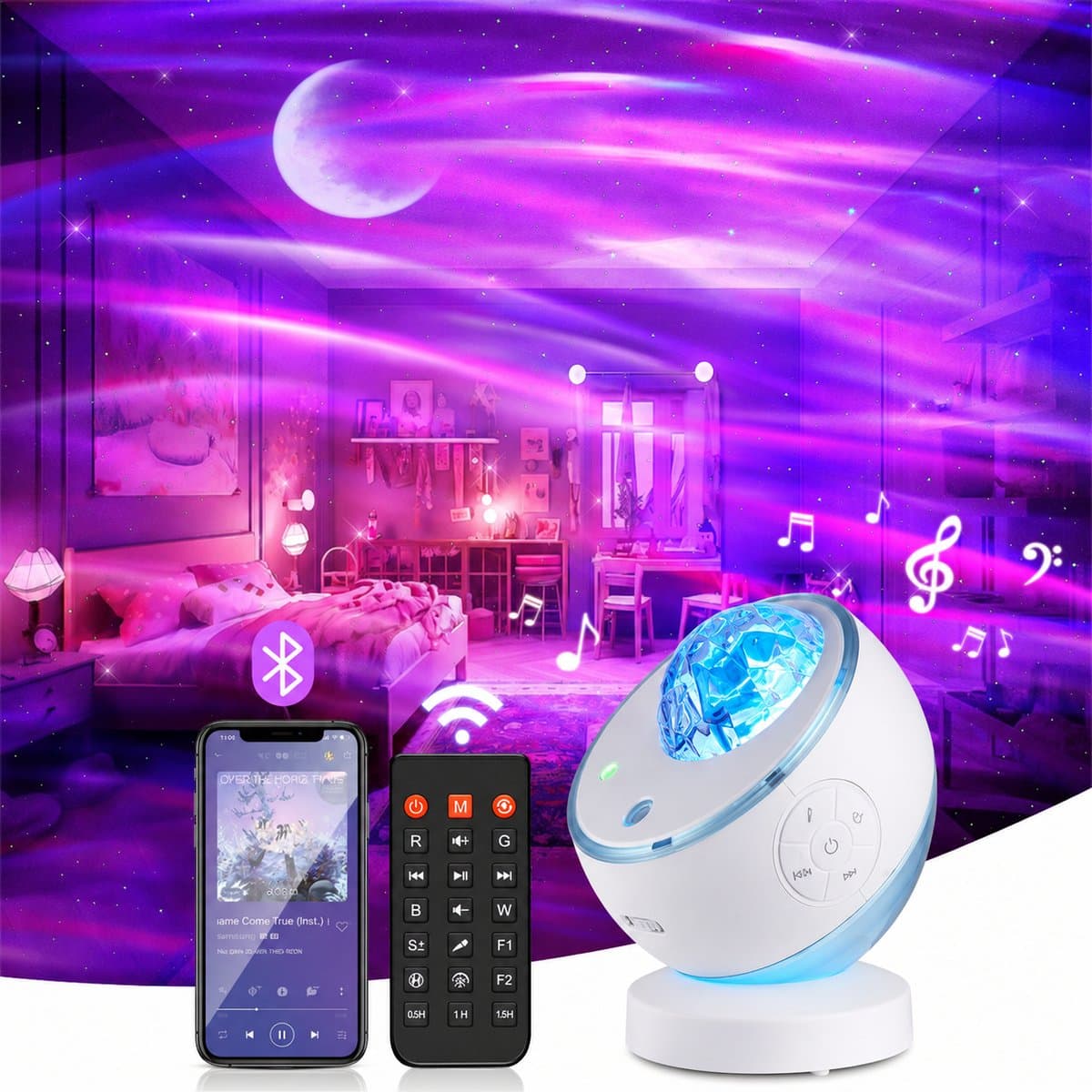 Sercano Sterrenhemel Projector – Aurora Projector met Groene Laser – 16 Kleuren – Bluetooth Speaker – 10 Geluiden & 5 Films – Timer – Met Afstandsbediening – voor Volwassenen Slaapkamer