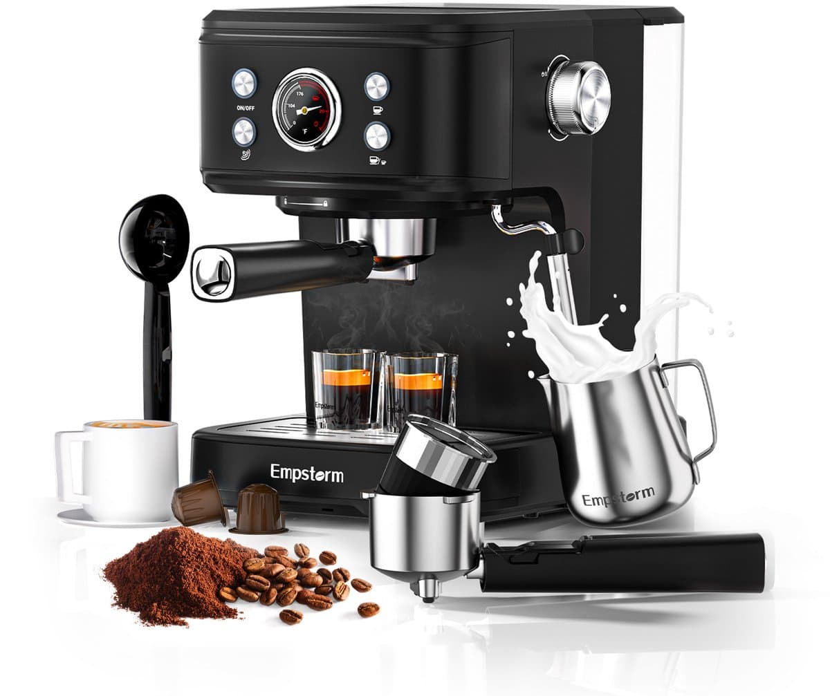 Empstorm EM‑04E Espressomachine 20Bar - 2-in-1 Capsule & Gemalen Koffie - PID Temperatuurregeling - 1,5L Watertank - RVS Filter- Warmhoudplateau - Thuis Kantoor Koffieapparaat Zwart