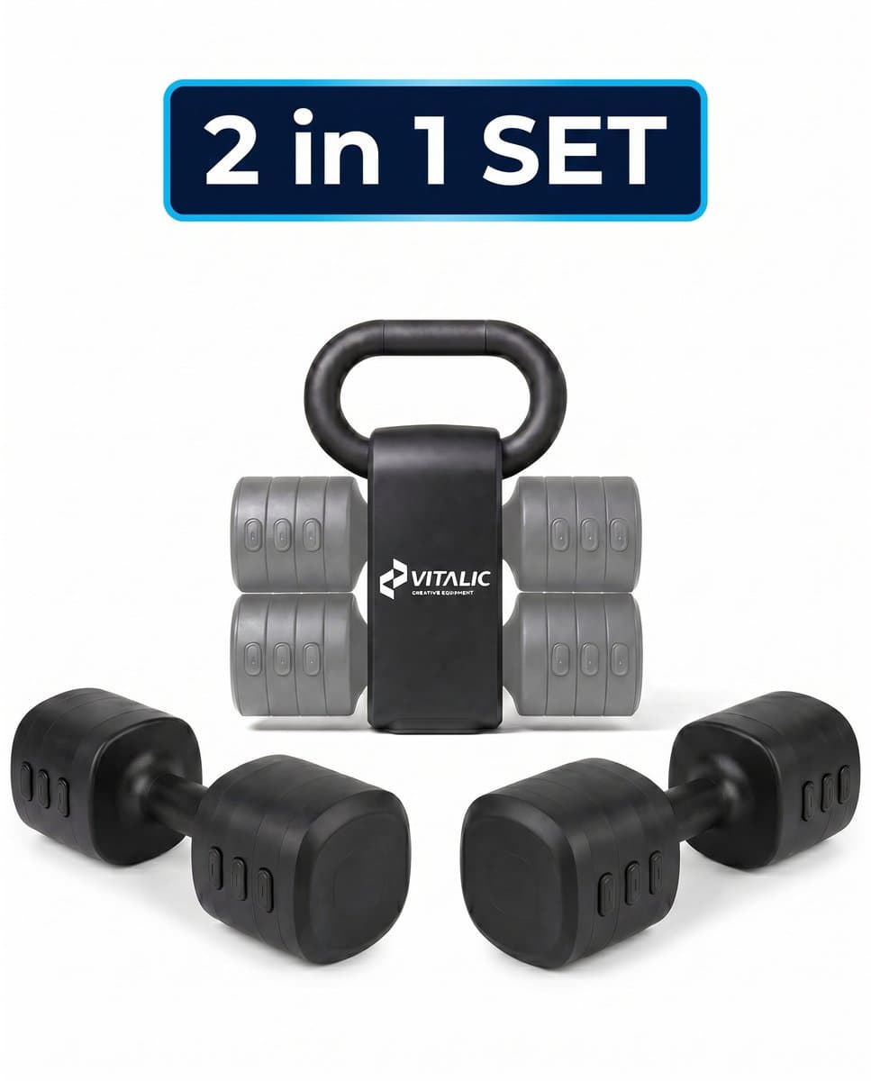 Vitalic 2-in-1 Dumbbell & Kettlebell Set | Gewichten van 1 tot 5.5 kg per stuk | Halters met gratis Kracht & Mobiliteitsschema van Fysiolab