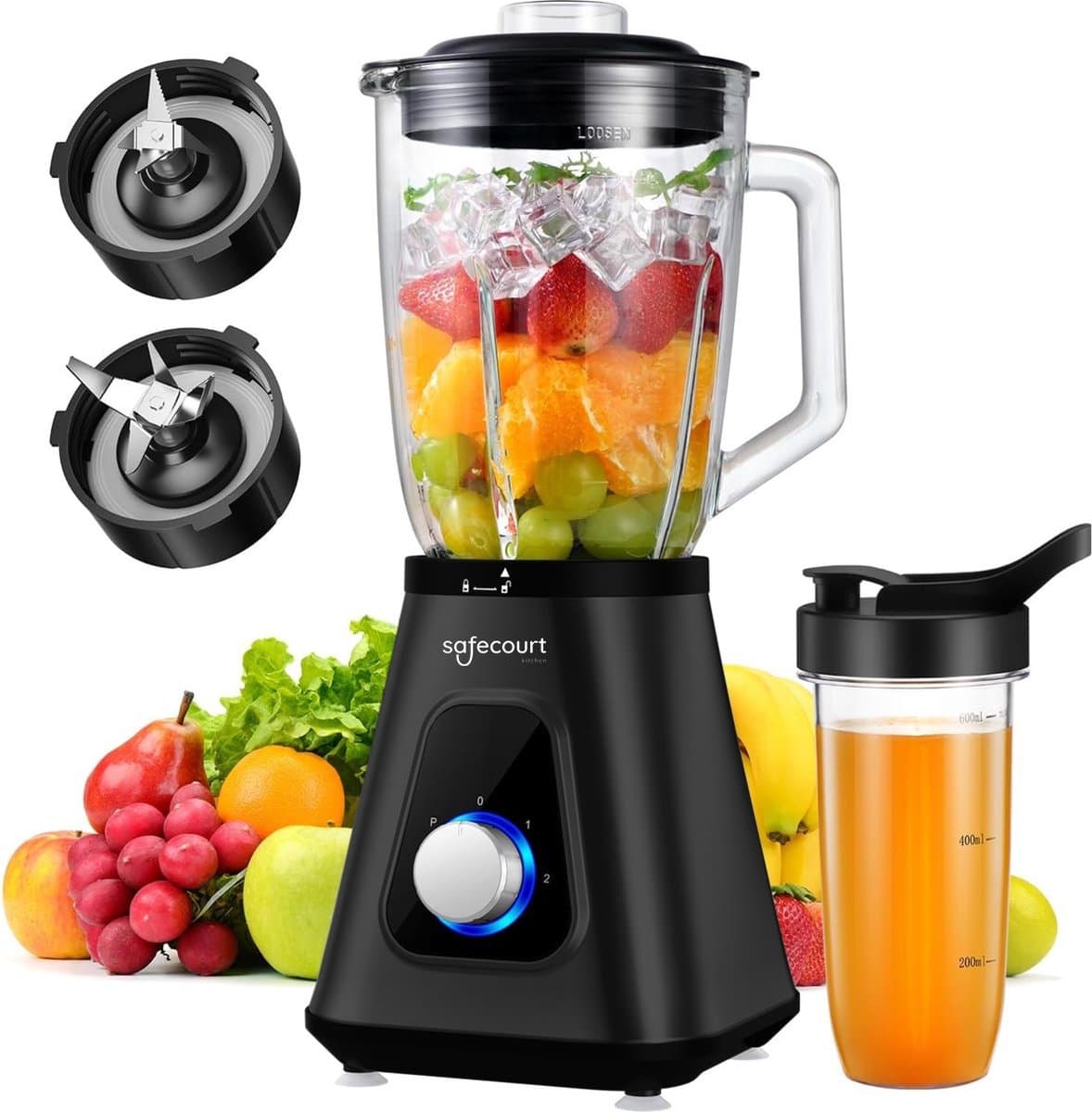 Safecourt Kitchen Blender - 1,5L Glas & 600ml To-Go beker - 1300W Smoothie maker - Krachtig, stil en eenvoudige reiniging