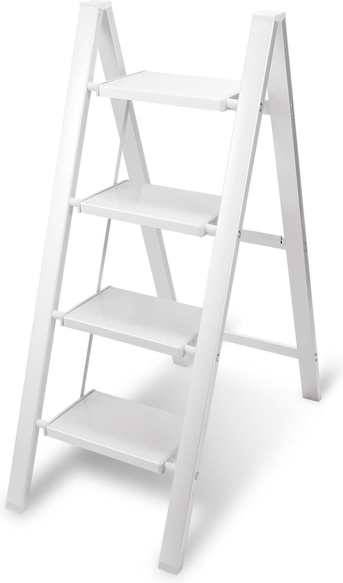 Opvouwbare ladder 4 Treden Keukentrap Inklapbaar - Anti-Slip - Trap Ladder Alu Wit
