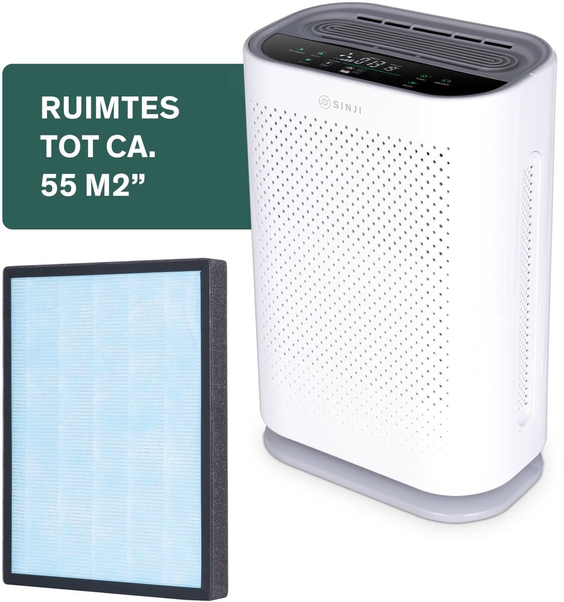 Sinji Luchtreiniger / Air Purifier – HEPA H13 + Koolstoffilter – 220 m³/u, voor ruimtes tot ca. 55 m² – Ionisatie – Afstandsbediening – Timer & Display – Helpt bij stof, pollen & huisstofmijt