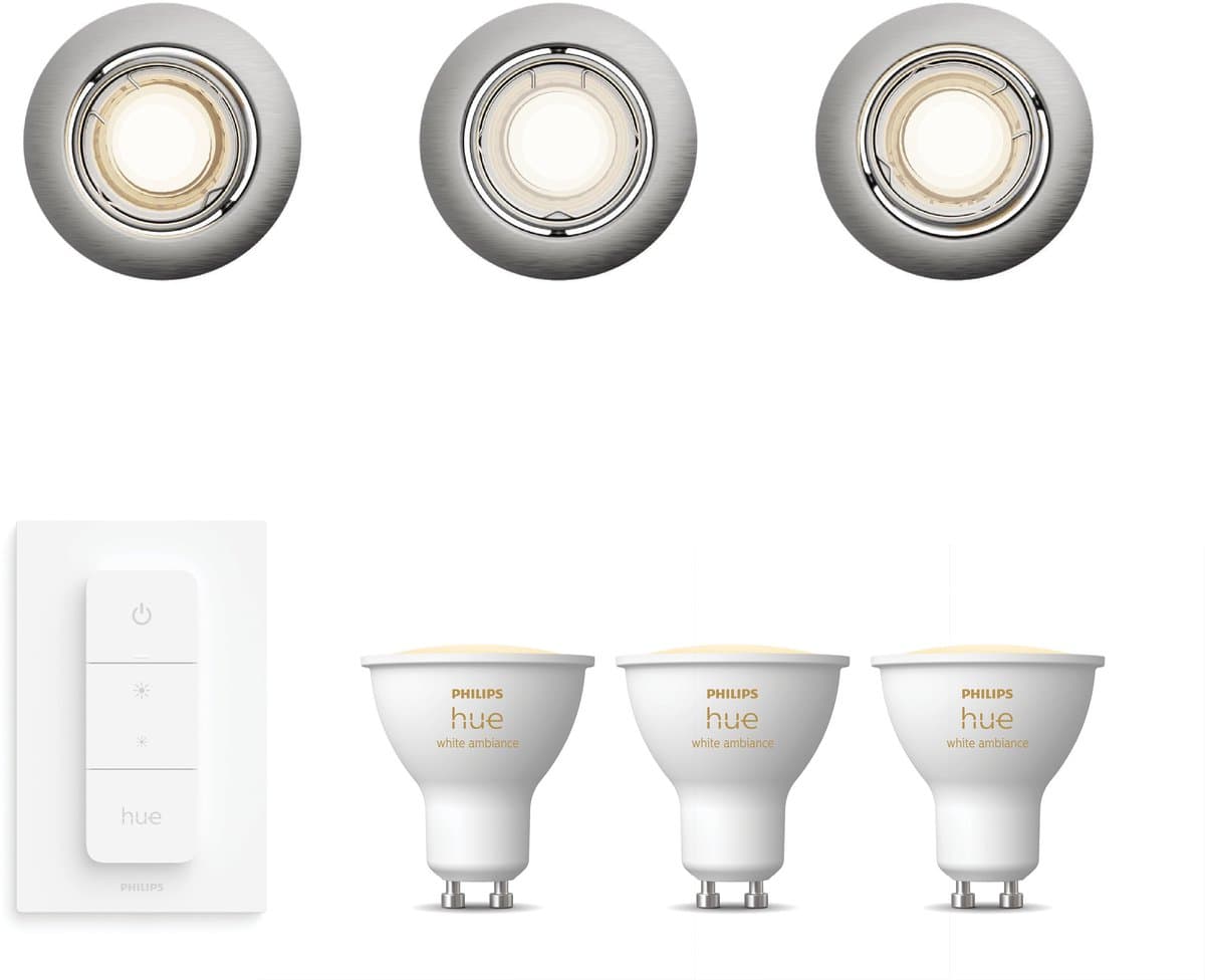 Philips Hue Peridot Set van 3 Inbouwspots (Nikkel) - Rond - Richtbaar - GU10 - Warm tot Koelwit Licht - Incl. Hue Dimmer Switch - Hue White Ambiance