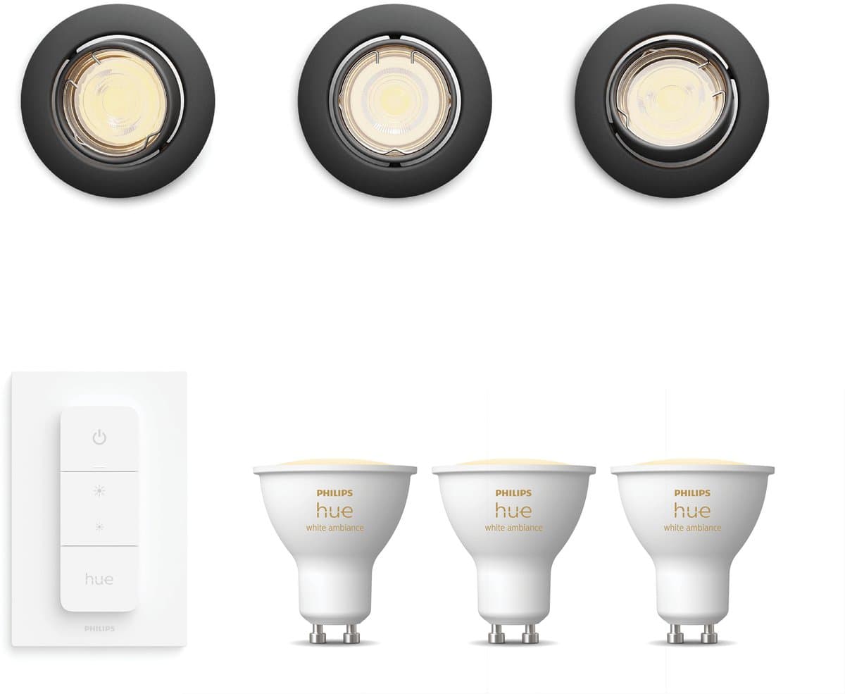 Philips Hue Peridot Set van 3 Inbouwspots (Zwart) - Rond - Richtbaar - GU10 - Warm tot Koelwit Licht - Incl. Hue Dimmer Switch - Hue White Ambiance