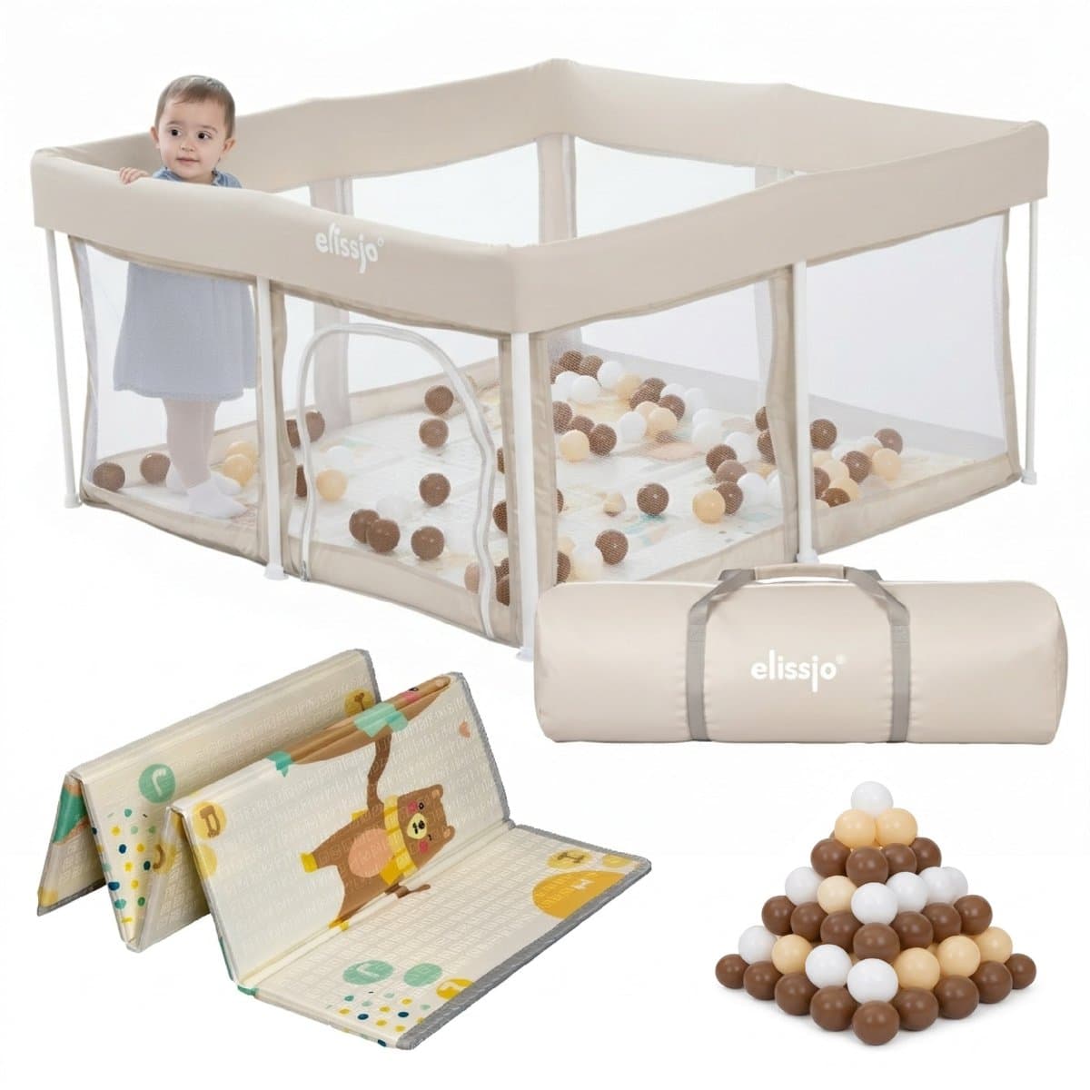 Elissio® - Grondbox Baby - Inklapbare Speelbox met Dubbelzijdige Speelmat & 50 Ballen - Kruipbox - Kinderbox - Playpen Baby - 125x125x65 CM - Beige
