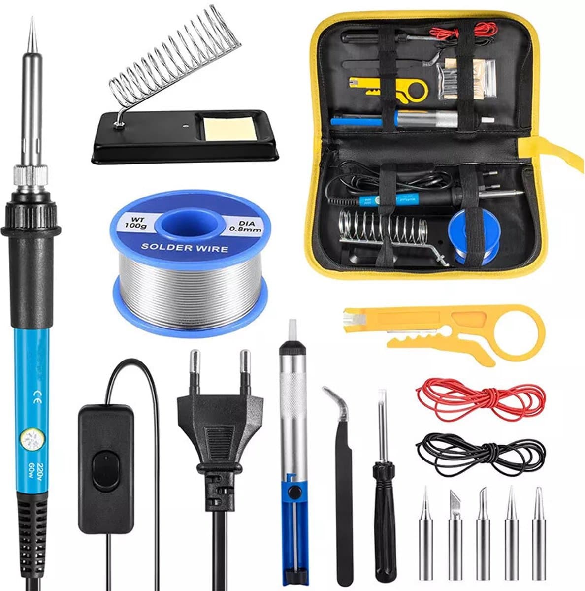 Soldeerboutset - Soldeerpen - 60W/220V Soldeerbout - Met instelbare temperatuur en aan/uit-knop - 5 verwisselbare soldeerpunten - Reparatieset - Geschikt voor lassen, houtsnijden, thermisch snijden, pyrografie, enz.