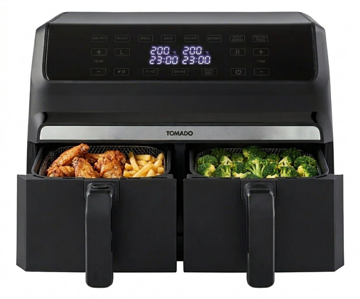 Tomado TAF8001B - Dubbele airfryer - 2 x 4 liter inhoud - XXL - 1700 watt - Tiptoetsbediening - 8 automatische programma's - Zwart