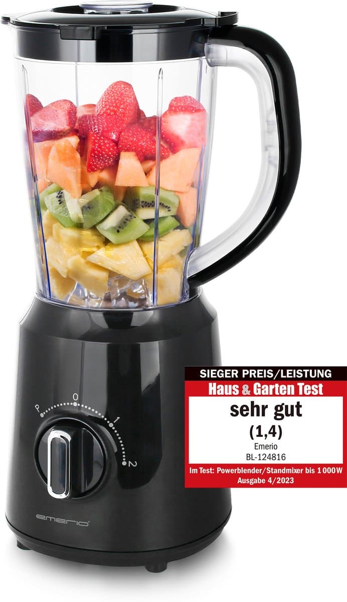 Emerio Blender 1.5L - Smoothie Maker met 2 Snelheden - RVS Messen en Vaatwasmachinebestendig - 500W - BL-124816.8 - Zwart