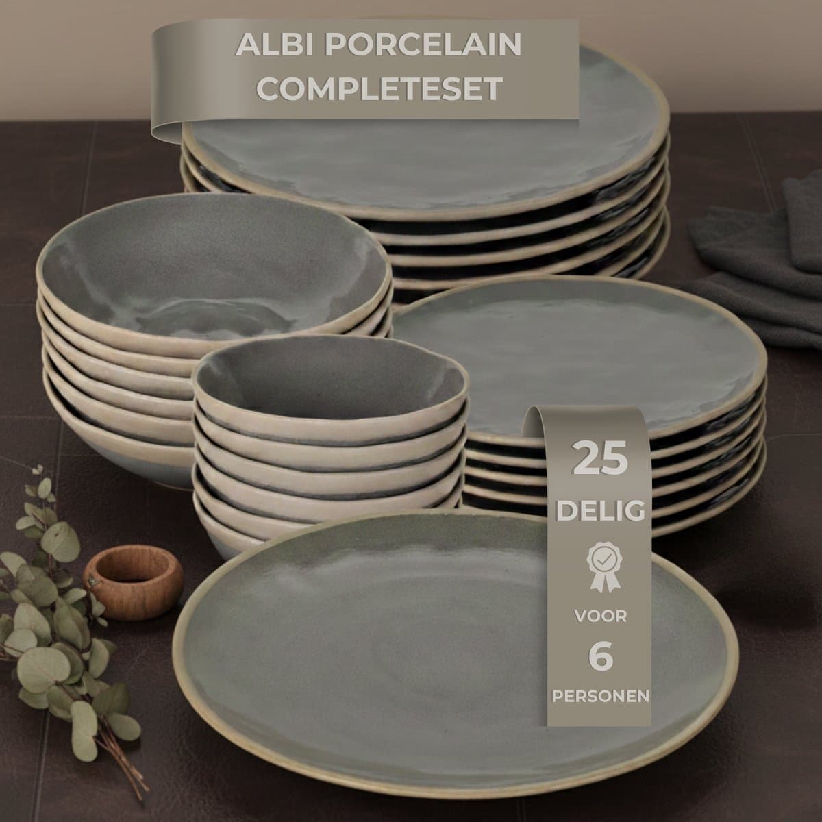OZ Home Bricard Albi Serviesset 25-delig Porselein - 6 Personen - Groen-grijs (salie) met Beige Rand - Stapelbaar - Vaatwasser-, Magnetron- en Ovenbestendig