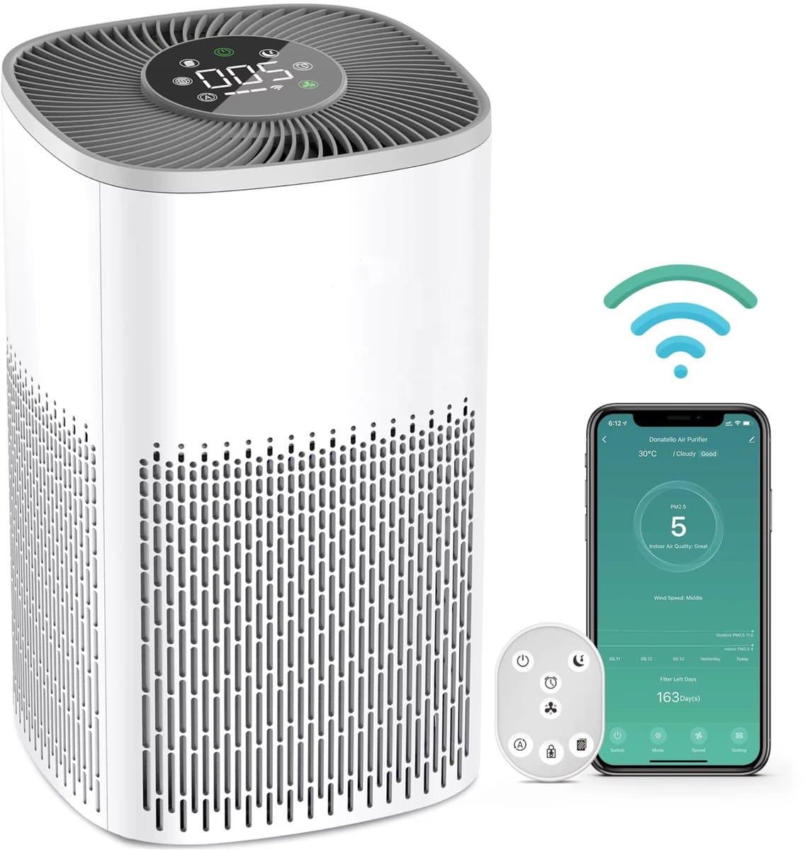 Smart Air Purifier DN-905 - Luchtreiniger met HEPA-filter - Voor Baby & Slaapkamer - Stil (≤ 65 dB) - App & Afstandsbediening - 36 m² Dekking - Wit