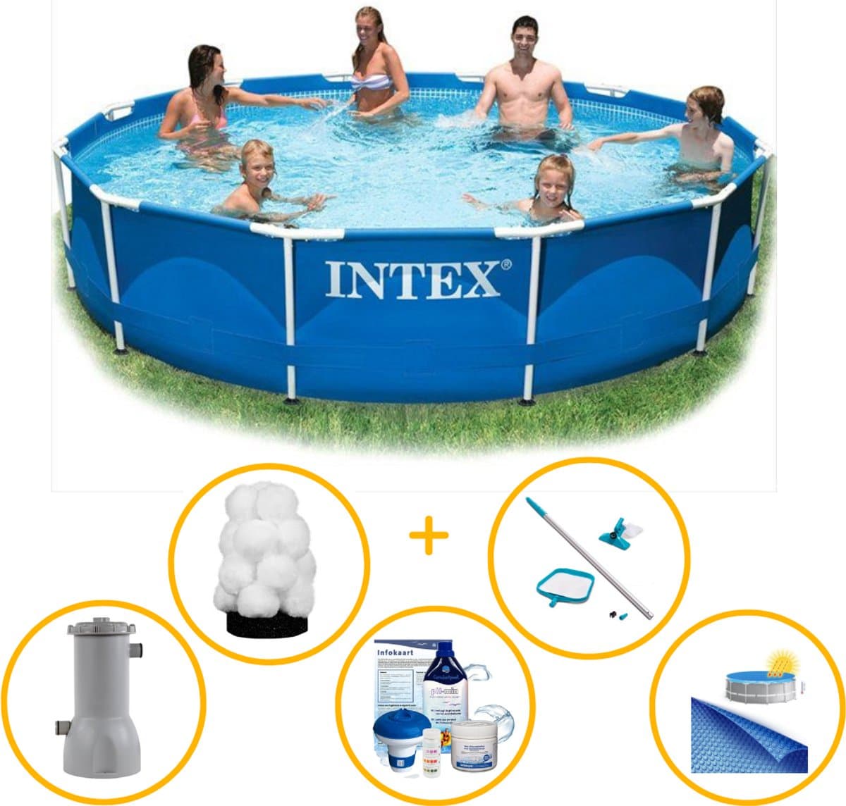 Intex zwembad rond 366 x 76 | Metal Frame | Zwembadpakket | Filterpomp + extra filter | Onderhoudsset | Solar afdekzeil | Chloorpakket