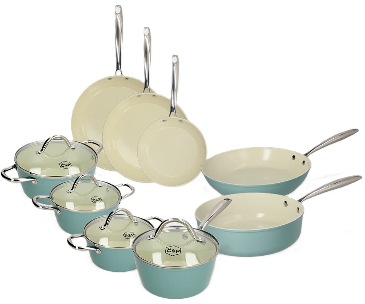 Cook & Pan 9-Delige Pannenset Go Blue - PFAS vrij - Alle Warmtebronnen - Pannen Set met 7 jaar Garantie - Krasbestendige Anti Aanbaklaag - Vaatwasserbestendig - Gas, Inductie, Elektrisch, Oven - Koekenpan, Wokpan, Steelpan, Hapjespan, Kookpot - Blauw