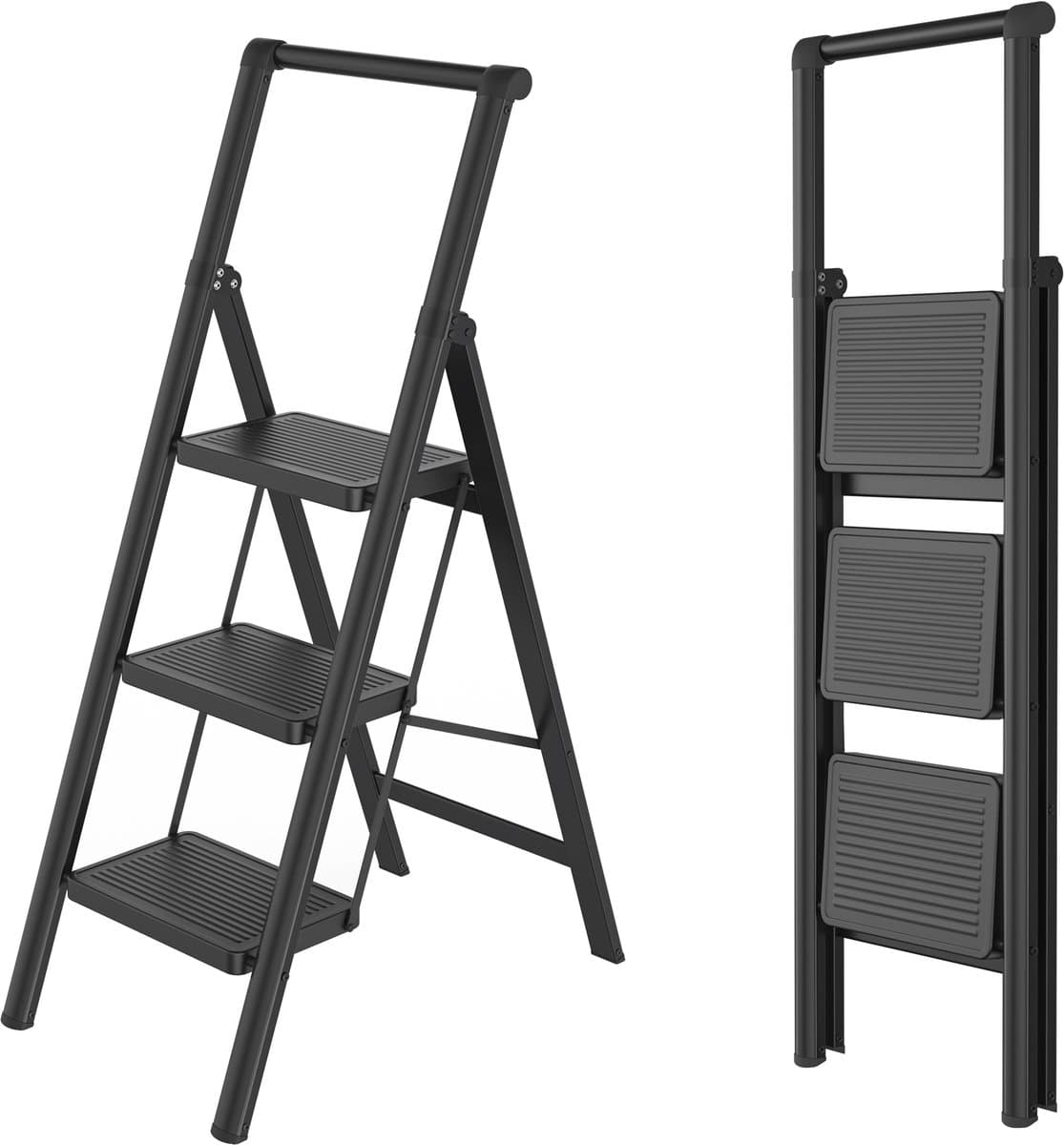 Opvouwbare trapladder, trapkruk, opvouwbare trap met breed antislip pedaal en leuning, multifunctionele huishoudtrap, trapladder tot 150 kg, zwart voor huishouden, keuken - 3 treden