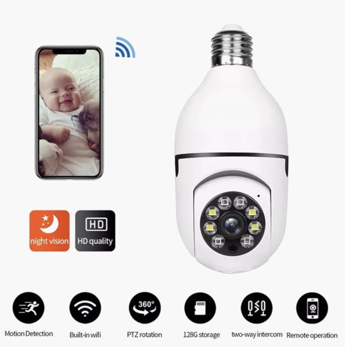 Wifi Panorama Camera - 1080p- 5g -Beveiligingscamera - IP Camera - Camerabewaking - E27 Dikke Fitting- 2-Weg Audio - Beweeg en Geluidsdetectie - Nachtvisie - Draadloos - Huisdiercamera - Opslag in Cloud & App - Lamp - 360graden