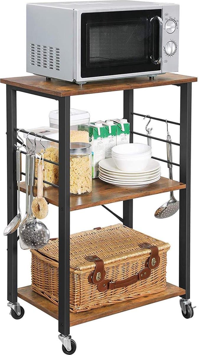 ACAZA Keukentrolley - 89 x 60 x 40 cm (H x L x B) - Trolley op Wieltjes - Bruin Vintage - 3 Niveaus - Trolley Keuken - Keukenrek - Kast voor Magnetron - 6 Haken