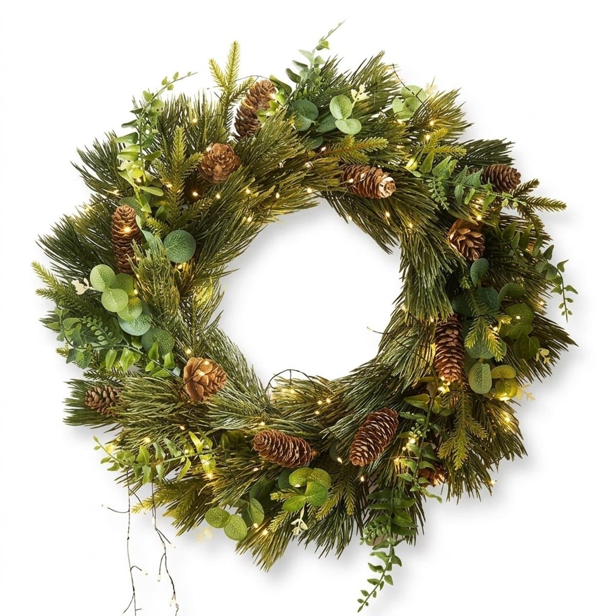 Premium Kerstkrans met Verlichting Ø 45 cm - Luxe Kerstkrans Voordeur van Puur PE - Realistische Kunstkerstkrans met Eucalyptus, Dennenappels & LED Verlichting - Kerstdecoratie Wand & Deur