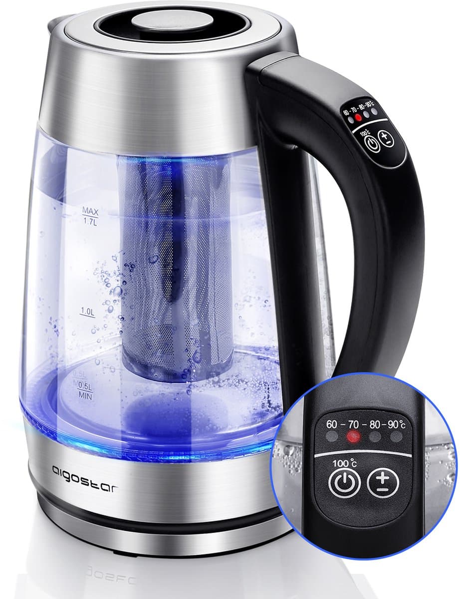 Aigostar Cris - Waterkoker met Temperatuurregeling en Warmhoudfunctie - Glas - 1,7L - 2200W - LED Verlichting - Inclusief Theefilter