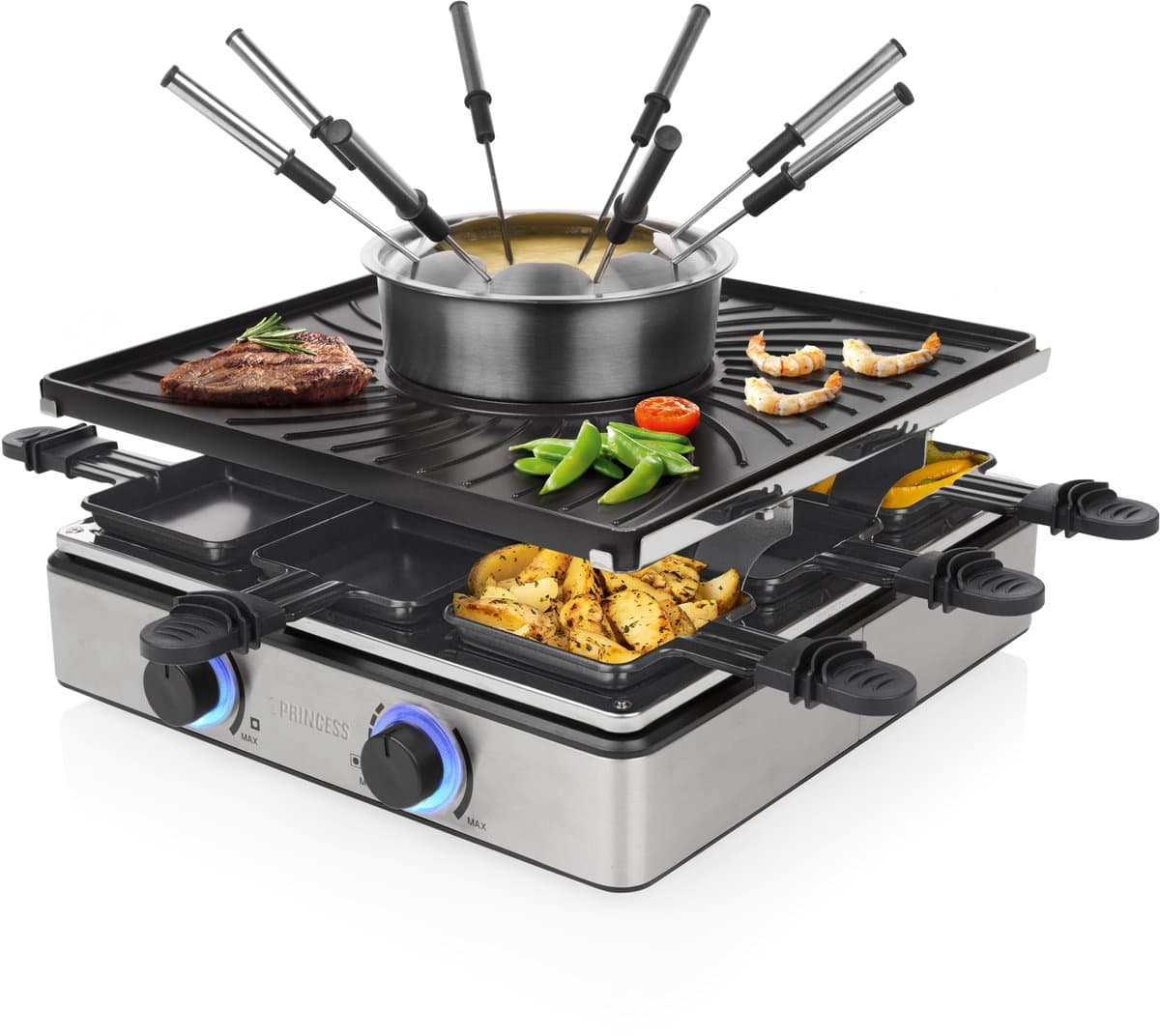 Princess Gourmetstel - Raclette en Fondue 31x31cm - 162670 - 1800W - 8 Personen - Incl vorkjes en spatels - 5-in-1 Functionaliteit - PFAS vrij - Grillen, bakken, funcook