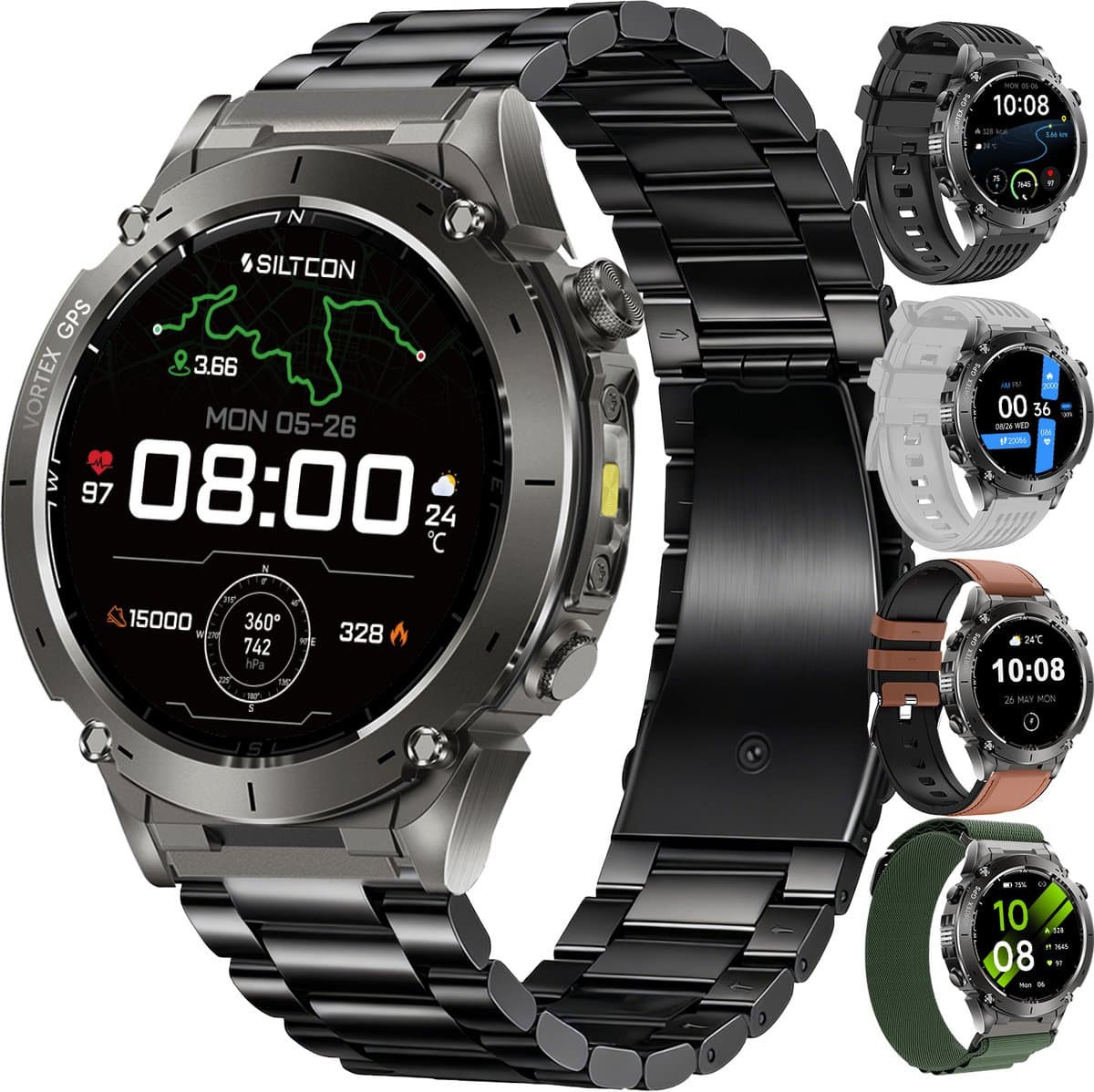 Siltcon® Vortex GPS Smartwatch Heren en Dames - Sport Horloge - Horloge Heren - Stappenteller - Hartslagmeter - Saturatiemeter - Belfunctie - 200+ Sportmodi - Kompas - Zaklamp - Waterdicht - AMOLED - Geschikt voor iOS/Android - 5 Bandjes