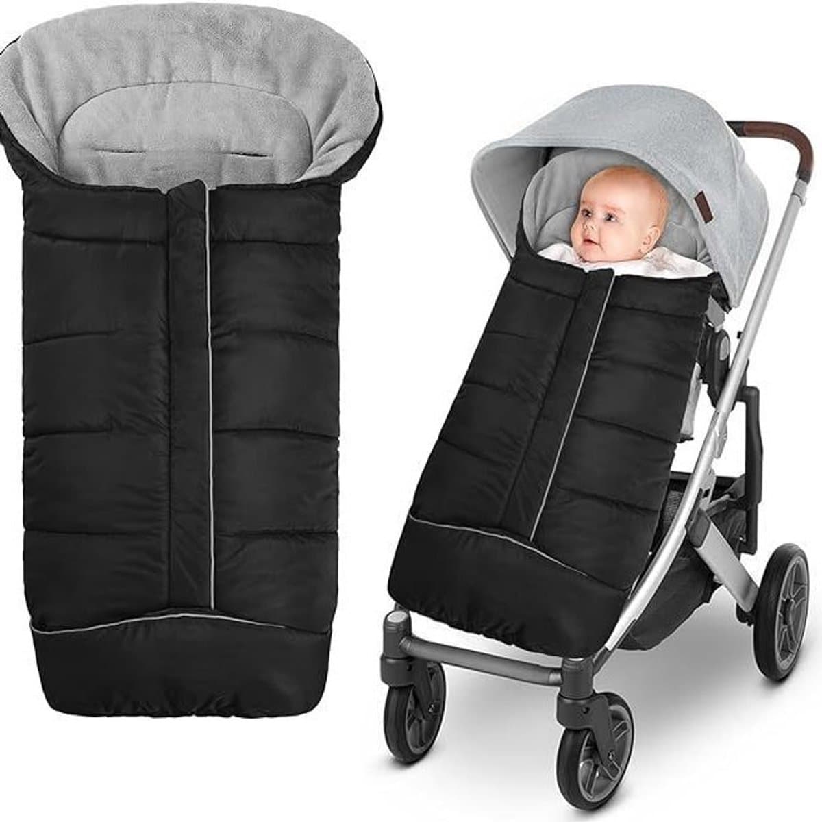 Voetenzak voor kinderwagen-Voetenzak wintervoetenzak voor kinderwagen, universele babyvoetenzak, buggy, winter, met ritssluiting, reflecterende strepen, waterdicht, voor sportwagen, jogger, buggy, zwart