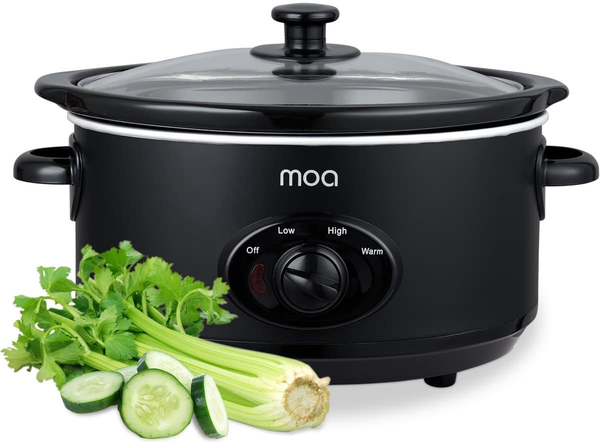 MOA Slowcooker 3,5L - Ø 24,5cm - Keramische Binnenpan - PFAS- & BPA-vrij - Doorzichtige Deksel - 3 Warmtestanden - Vaatwasserbestendig - RVS