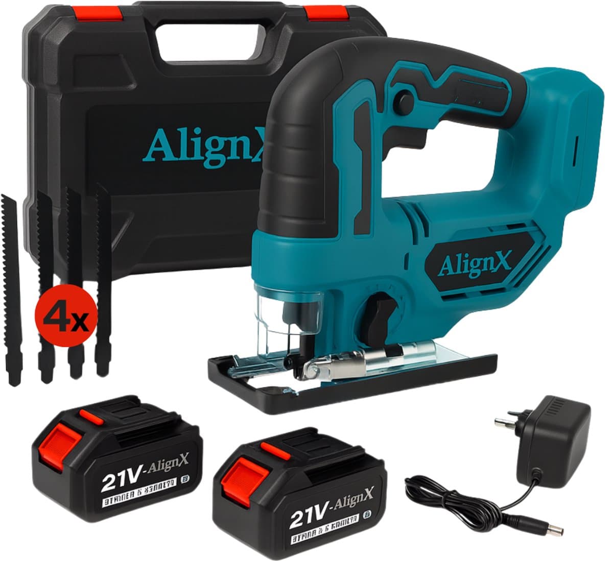 AlignX Decoupeerzaag - Accu 21V - Decoupeerzaag met Accu en Koffer - LED - 3 Pendelstanden - Voor Hout, Kunststof & Metaal - 4 Bladen - 2 Accu’s