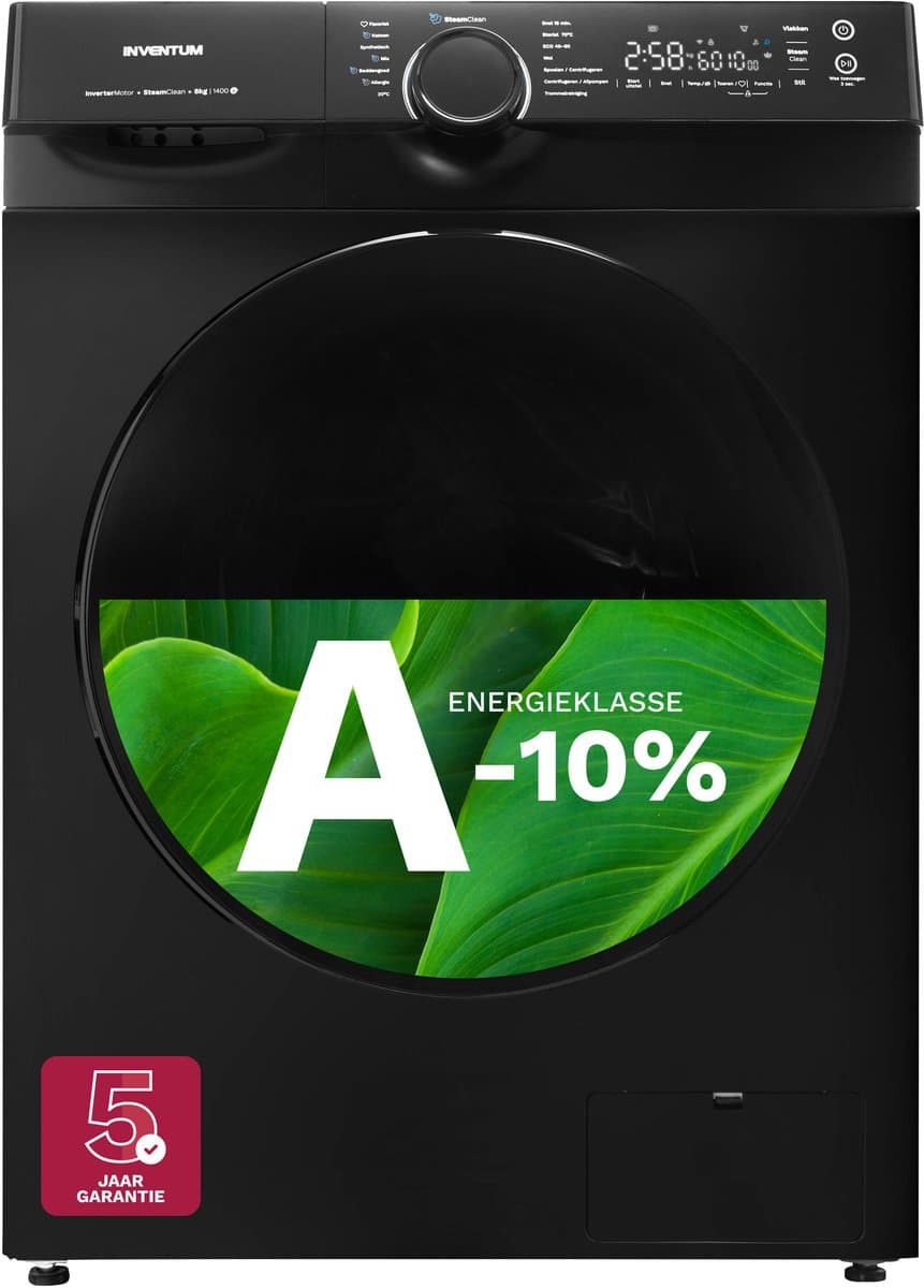 Inventum VWM8010B - Wasmachine - 8kg - 14 programma's - 1400 toeren - Energieklasse A-10% - Steam Clean - Stil: 72 dB - Zwart