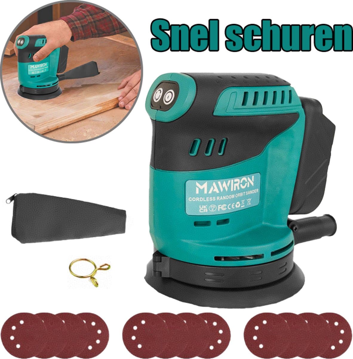 Draadloze orbitale schuurmachine, 125mm, met 12 schuurbladen, 3 snelheidsstanden (7000-15000 tpm), ideaal voor doe-het-zelf projecten, afschuren en afwerken van hout, batterij niet inbegrepen