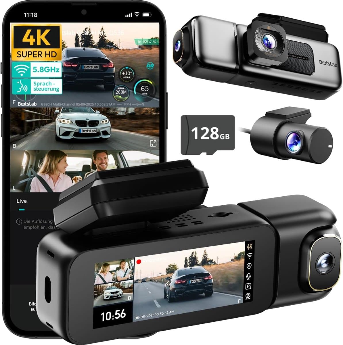BOTSLAB 4K 3-Kanaals Dashcam Auto Voor Achter - 3-Kanaals 4K+1080P+1080P - GPS 5.8GHz WiFi Dashcam met - 128GB SD-kaart - 3.18" - Super Nachtzicht - WDR -G-sensor -loopopname -parkeermonitor- ADAS - dashcam voor auto