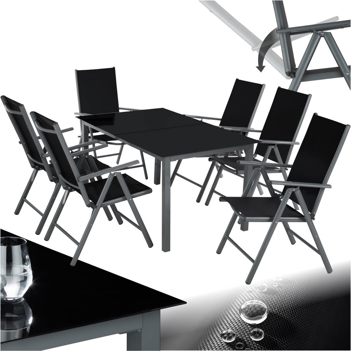 tectake® Tuinset - Tuintafel met Tuinstoelen - 6 Stoelen en 1 Tuintafel met Glazen Blad - Weerbestendige Tuinmeubelset voor het balkon of tuin - 6 Personen - Antraciet