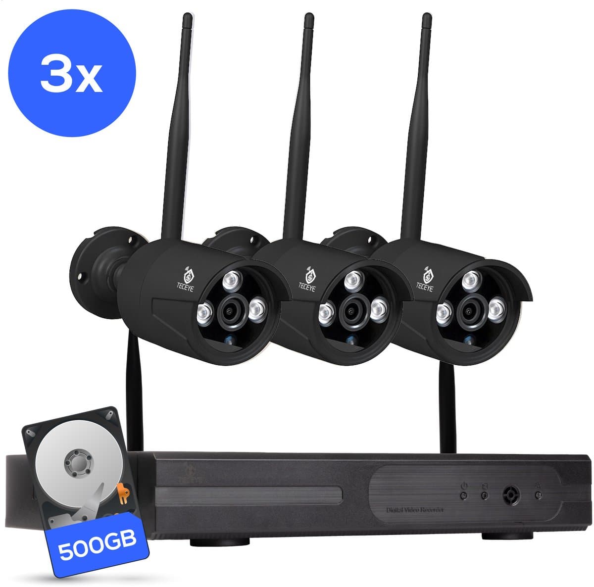 Teceye Compleet Camera Beveiliging Set met 3x Wifi IP Camera - CCTV Camerasysteem - Beveiligingscamera binnen - Wifi Beveiligingscamera Set Buiten - Beveiligingscamera - Beveiligingscamera buiten - Beveiligingscamera Draadloos buiten