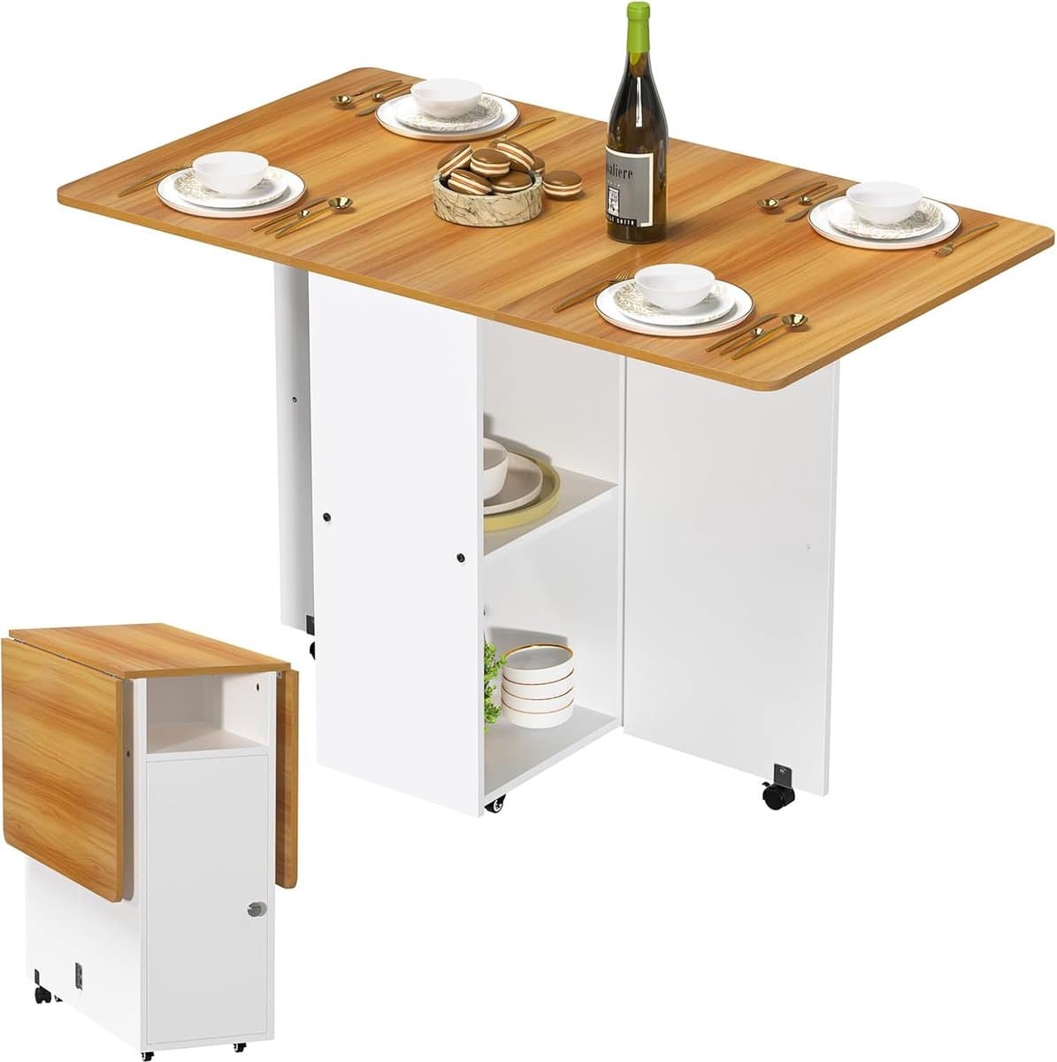 Tafel - Houten bruin-gele opklapbare tafel op wielen 120x70x75cm - Verrijdbare eettafel met opbergplank | Opvouwbare bijzettafel geschikt voor keukens, woonkamers en compacte ruimtes