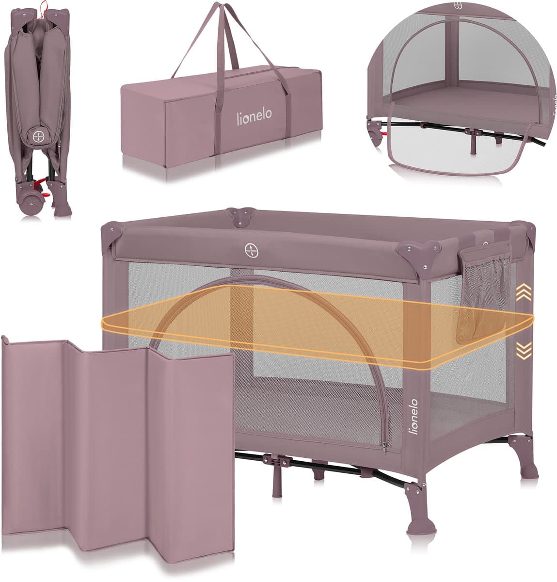 Lionelo Laura Campingbedje 2in1 – Reisbedje & Babybedje – 0-36 Maanden – 2 Matrasniveaus – Compact & Lichtgewicht – Schuimmatras – 2 Wielen met Rem – Mesh Zijpanelen – Zij-ingang – Opbergvak – Inclusief Draagtas