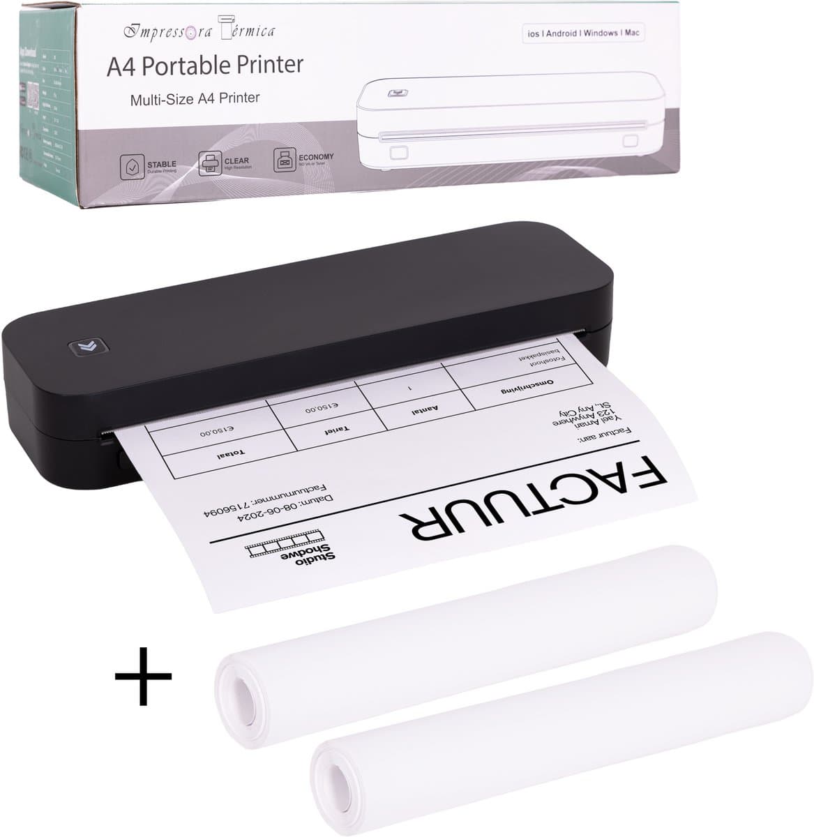 Impressora Térmica® - Thermische A4 printer - Mini Printer voor Mobiel/Tablet/Laptop - 304 DPI - Pocket Printer - Tattoo printer - Inclusief twee rollen thermisch papier - Zwart