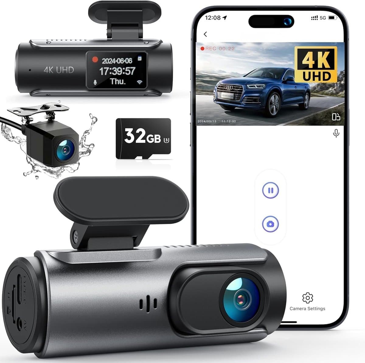SNJY® Dashcam voor Auto - Auto Camera - Dashcam Voor en Achter Draadloos - 4 K - Zwart