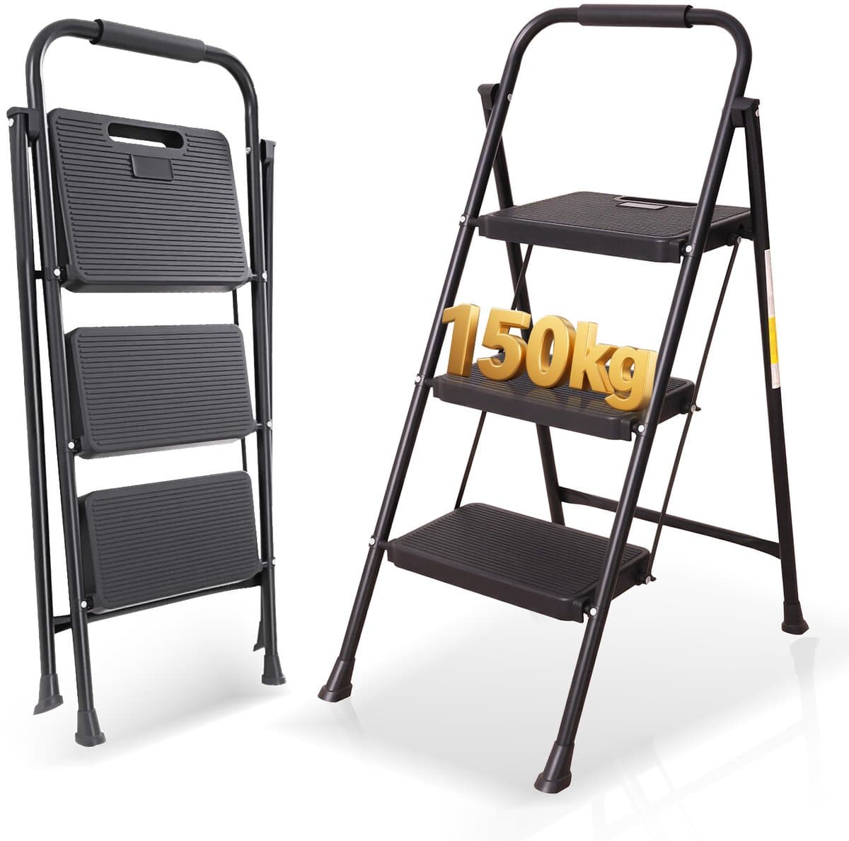 OUTIGO Stevige Metalen Huishoudtrap 3 Treden - Inklapbaar Trapladder met Anti-Slip - Draagvermogen Tot 150 kg, Ideaal voor Keuken & Huisraad