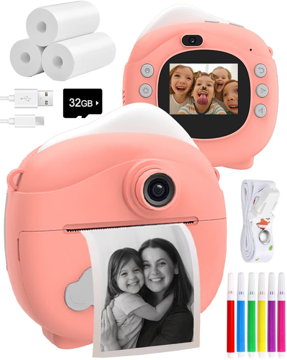 ODESSEY Kindercamera met Printer - Full HD - Selfie Camera - 32GB SD Kaart - Foto - Video - Spelletjes - Digitale Camera Kinderen - Fototoestel voor kinderen - Roze