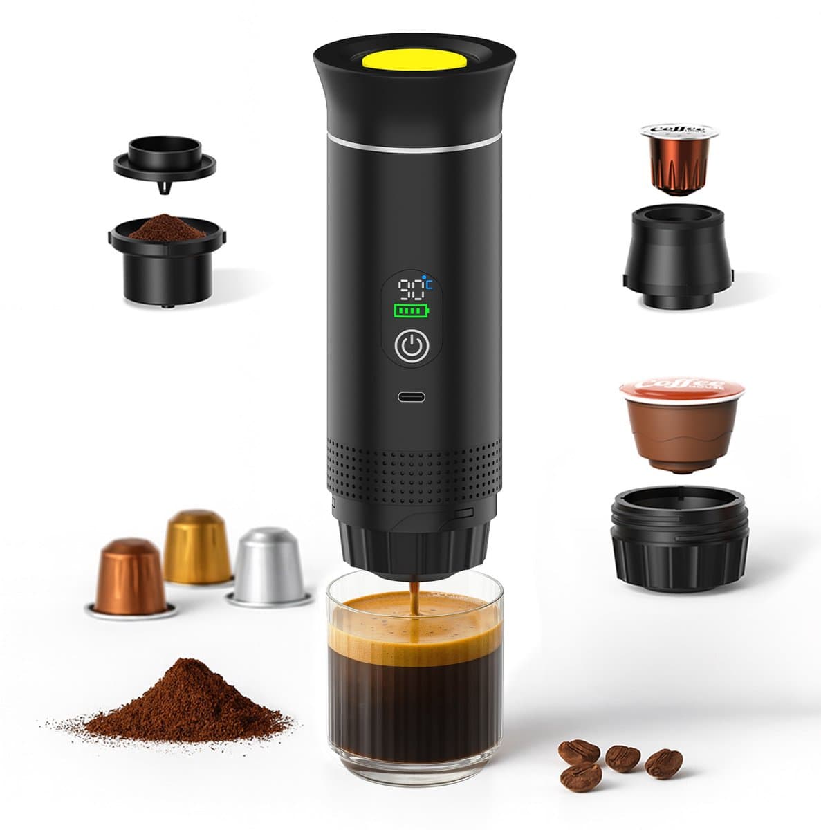 Draagbaar Koffiezetapparaat voor Onderweg van MMOBIEL - 12 Volt Portable Koffiemaker Camping- Oplaadbaar USB-C - Koffiecups & Gemalen Koffie Espresso - Lungo - Nespresso - Camping Gadget