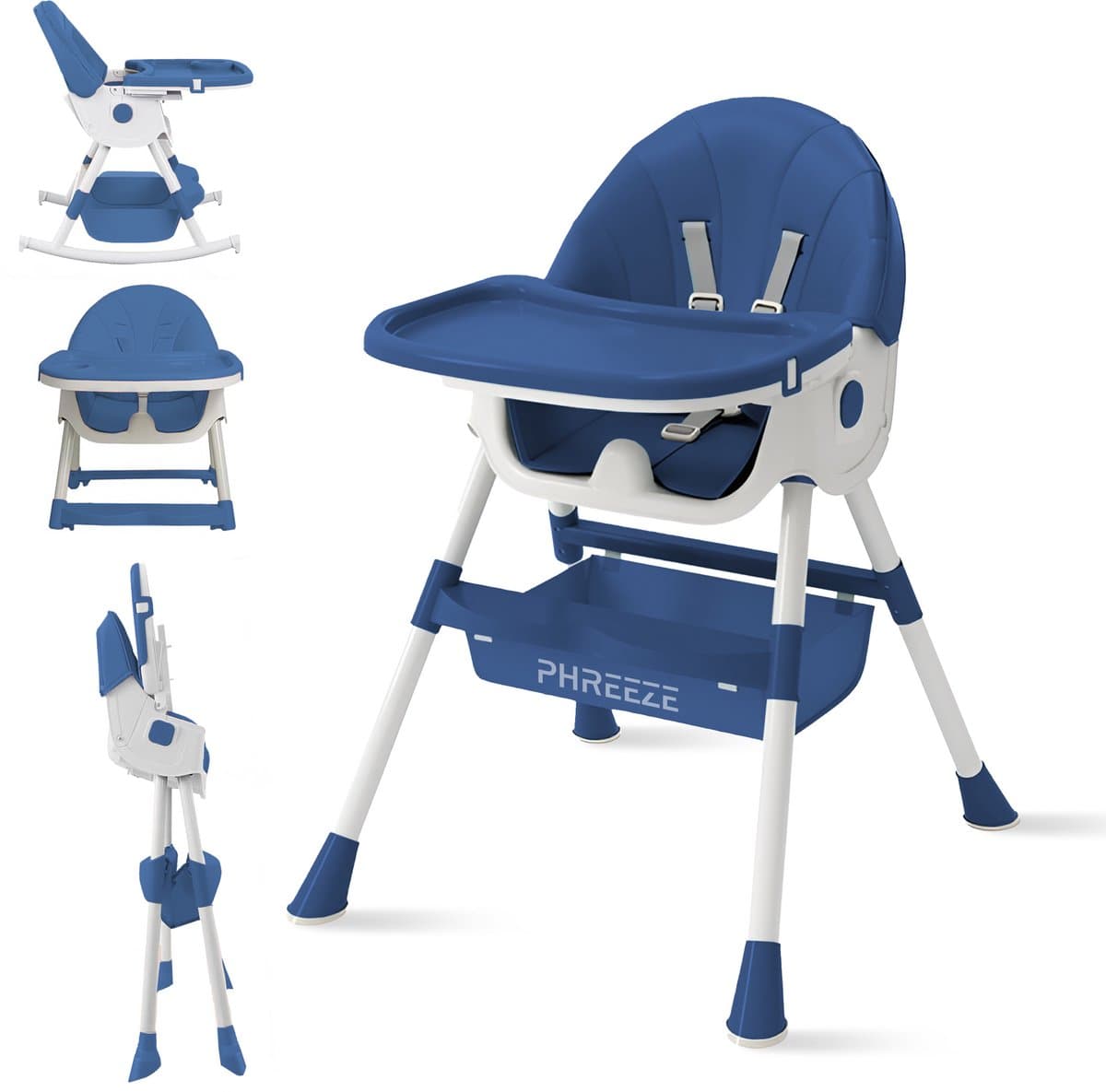 Phreeze Kinderstoel - Inklapbaar - Meegroeistoel 6 t/m 72 maanden - Afneembare Wielen - Eetstoel Baby & Peuter - Ook als Loopstoel, Wipstoel, Babystoel aan tafel / voor eten / thuis - Blauw