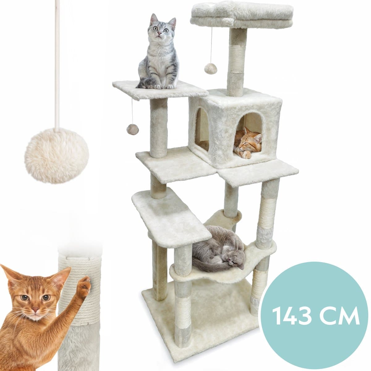 Krabpaal voor Katten met Kattenmand & Kattenspeelgoed XXL - 5 Niveaus - Hangmat - Sisal Touw - 55 x 45 x 143 cm - Incl Muurbevestiging - Krabmat - Kattenhuis - Kattenbed - Kattenpaal - Kattentoren - Kattenspeeltjes - Kattenboom - Beige - PetVille