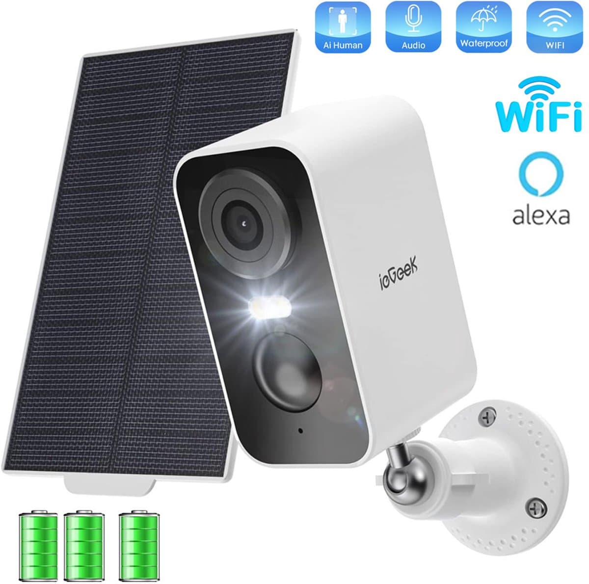 ieGeek Draadloze WiFi Bewakingscamera voor Buiten/Binnen - 2K IP-camera met Zonnepaneel - Nachtzicht in Kleur - Tweewegaudio - PIR-bewegingsdetectie - AI-detectie