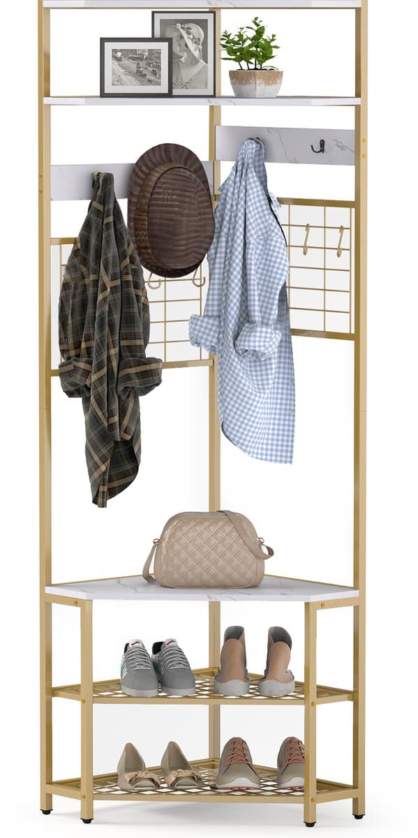 COSTWAY 180 cm kapstok hoek, 3-in-1 kledingrek & zitbank & schoenenrek, incl. 12 haken, opbergrek, garderobe voor hal, woonkamer, slaapkamer