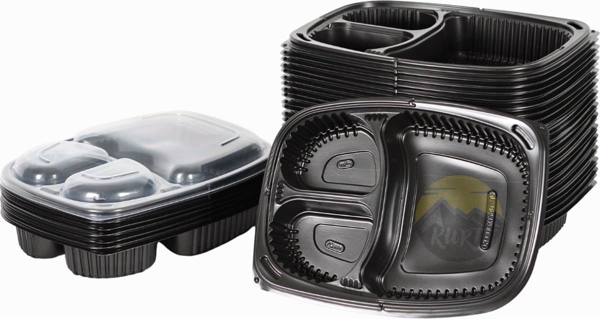 KURTT - 40 stuks - Vershoudbakjes - Vershouddoos - Ook geschikt voor Diepvries 100% Recycelbaar Meal Prep Bakjes Met Deksel - 3 vak - Magnetron bak - Prep Meal - Magnetronbakjes - Magnetronbakje - Sport - Take Away - 1250ml inhoud
