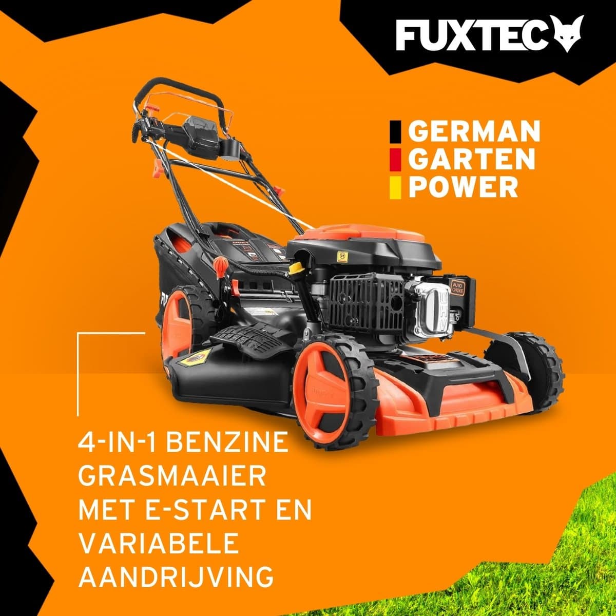 FUXTEC 4-in-1 Benzine Grasmaaier FX-RM5196eSPRO – Elektrische Start – 6 pk – 51 cm Maaibreedte – Flexibele Achterwielaandrijving – 4-Takt – Maaihoogte 25–75 mm – 60 L Grasopvangbak – Mulchfunctie