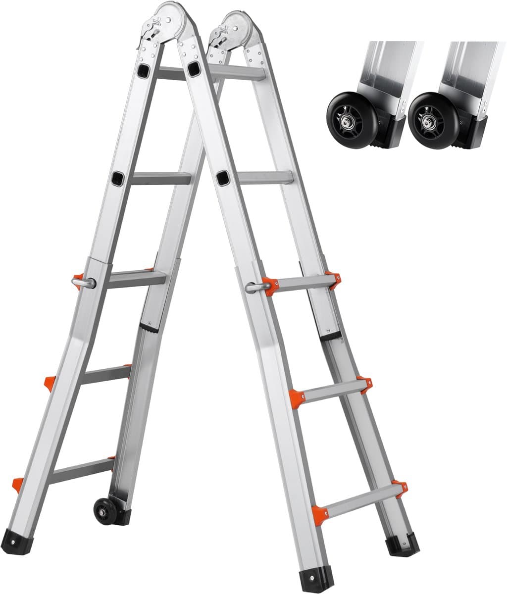 9.5 Ft Telescopische Ladder Met A-Frame, Compacte Aluminium Uitschuifbare Ladder, Multifunctionele Opvouwbare Camperladder voor Thuis, Trappen, Binnen/Buiten, 150 Kg Draagvermogen, Zilver