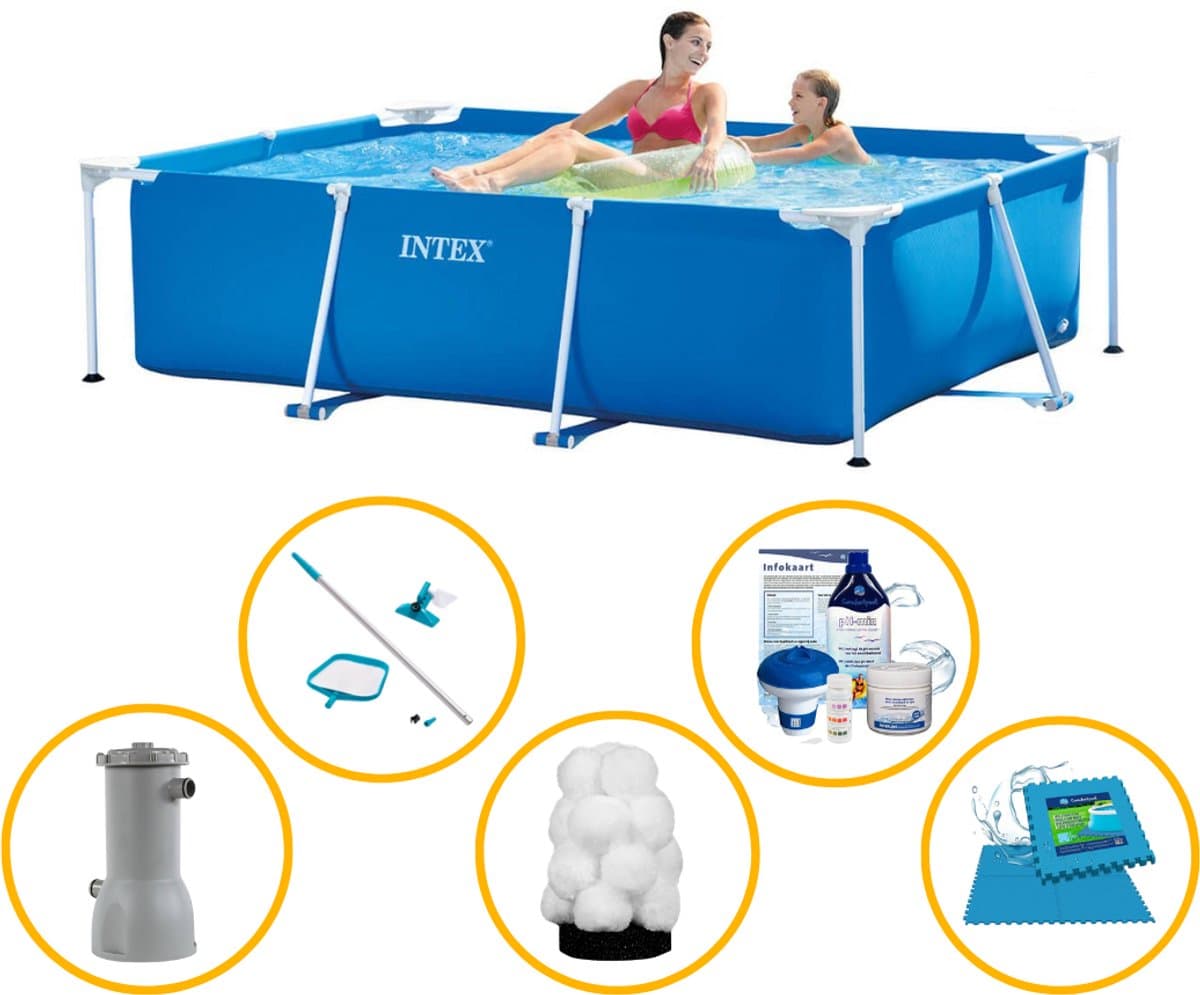 Intex zwembad 220 x 150 x 60 | Rechthoekig frame zwembad | Zwembadpakket | Chloorpakket | Filterpomp | Extra filter | Onderhoudsset met schepnet | Zwembadtegels