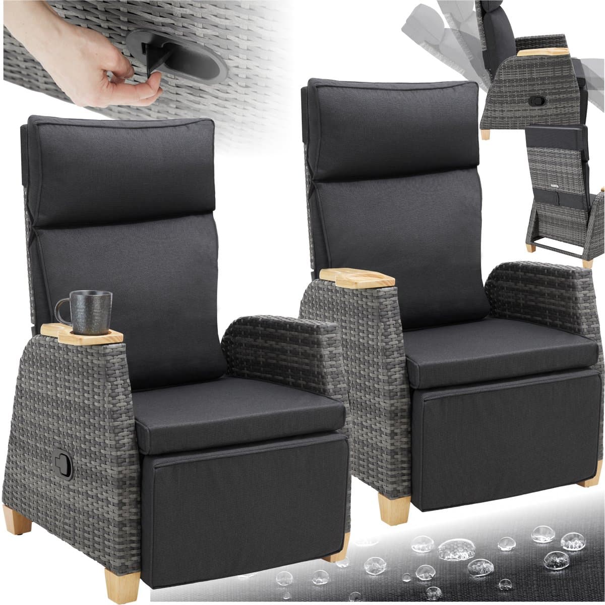 tectake® Set van 2 Wicker Buitenfauteuils - Tuinstoel met Hoge Rugleuning - Met Voetsteun en Verstelbare Rugleuning - Relaxstoel met Ligfunctie - Loungestoel voor Tuin - Ligstoel - Leesstoel - Incl. Ruimte voor Beker/Glas