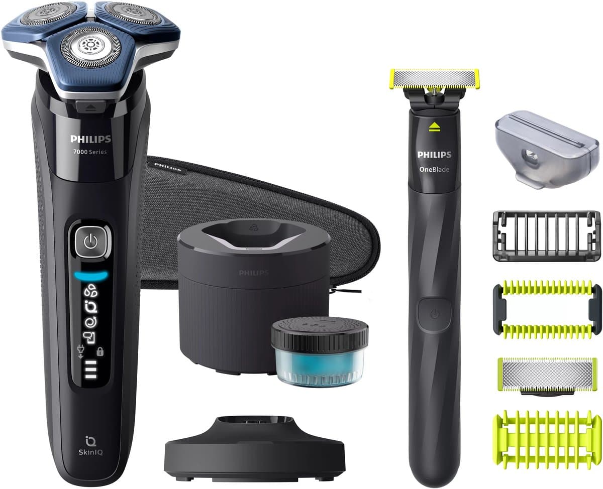 Philips Series 7000 S7886/78 – Elektrisch Scheerapparaat voor Mannen – Nat & Droog – 360° Flexibel Scheerhoofd – SkinIQ – Draadloos – Zelfslijpende Messen – Precisietrimmer + OneBlade Trimmer Apparaat – Reinigingsstation – Spoelbaar