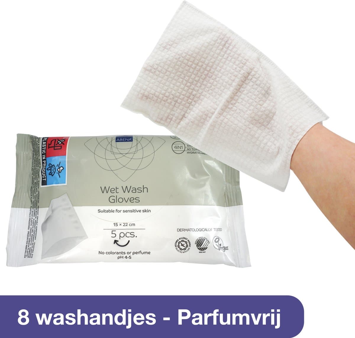 Abena Vochtige Washandjes Wegwerp - Parfumvrij - 8 washandjes - Wassen en Opfrissen zonder water en zeep - Droogt Snel, geen Handdoek Nodig - Opwarmbaar in de Magnetron - Perfect voor Thuis en Onderweg
