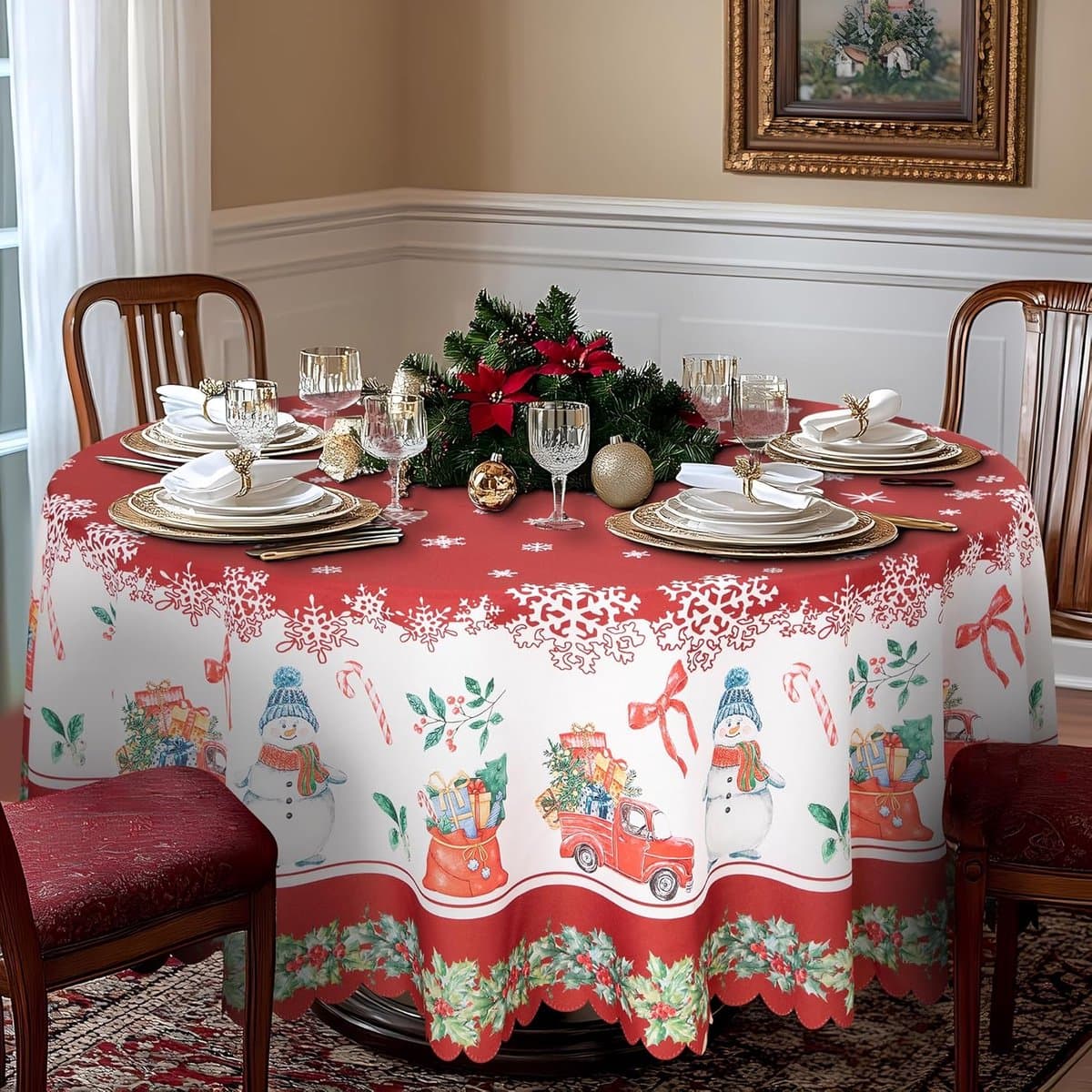 Kersttafelkleed - Rond waterdicht en vlekbestendig tafelkleed - Kerstsneeuwvlok Sneeuwpop Tafelkleed - Perfect voor familiebijeenkomsten Kerstdiner Vakantie Feest Woondecoratie - 150cm